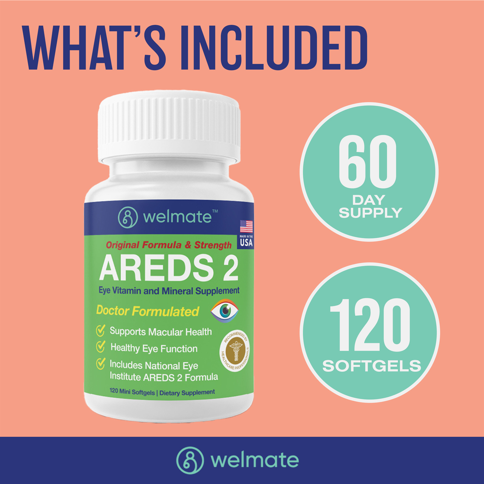 WELMATE AREDS 2 Eye Vitamin & Mineral Supplement, 120 Mini Softgels Exp 6/27