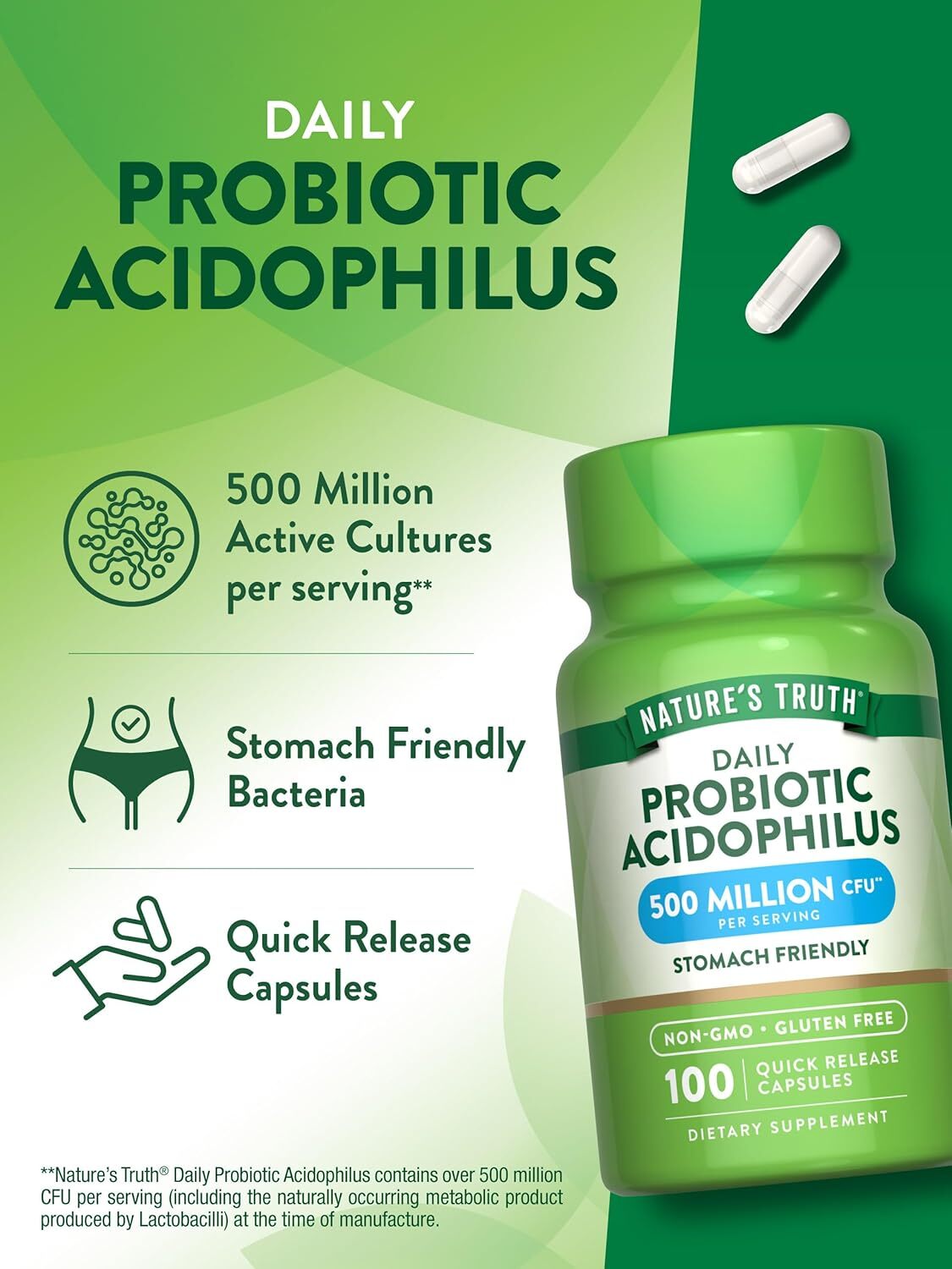 Probiotics For Men and Women 500 Million CFU | 100 Capsules | by Nature’s Truth