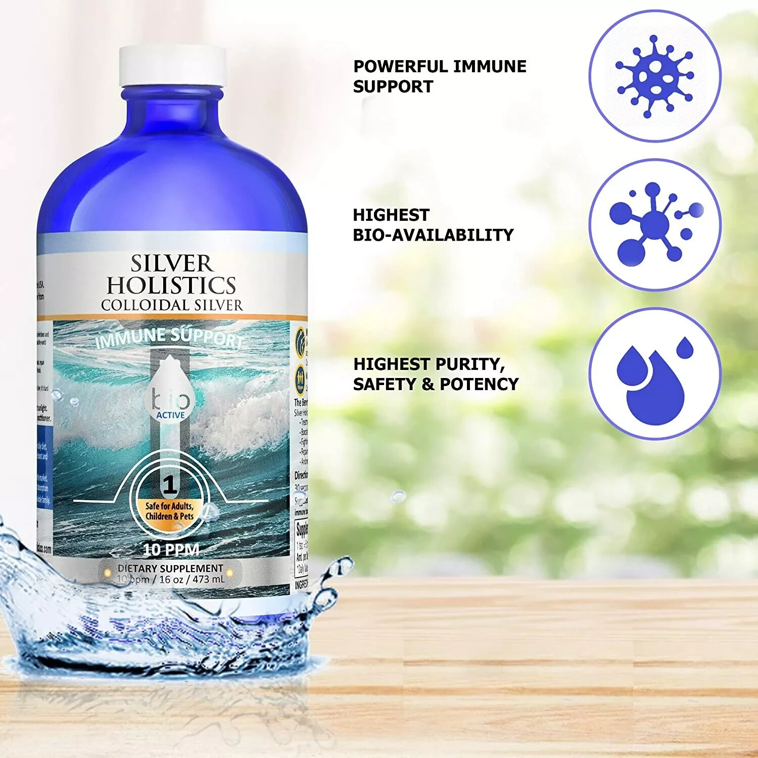 Silver Holistics Real Colloidal Silver Water Liquid Supplement – 16 oz Glass