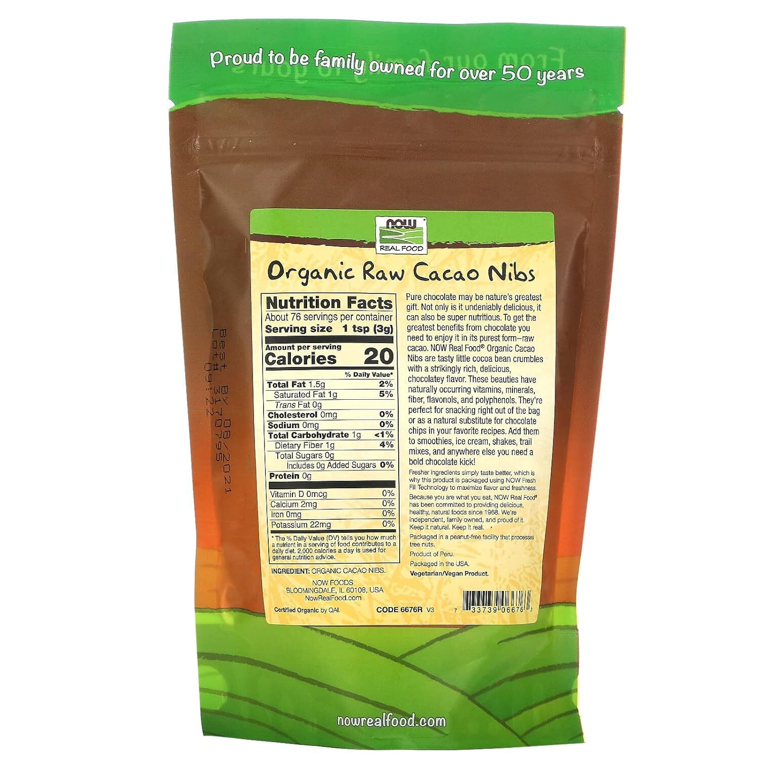 NOW, Organic Raw Cacao Nibs, Dark Chocolate Flavor, 8-Oz (Packaging May Vary)