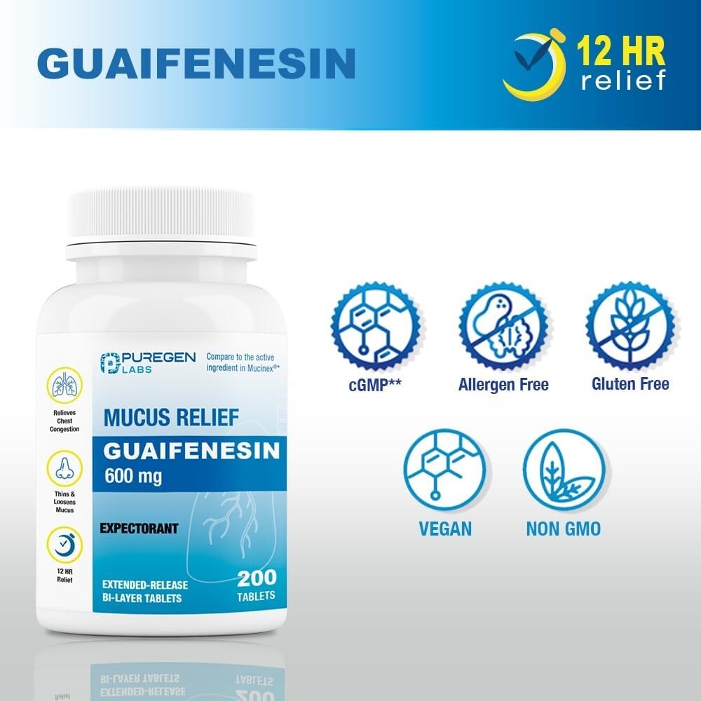 Puregen Labs Mucus Relief Expectorant 12 Hour Guaifenesin 600mg 200 Tablets