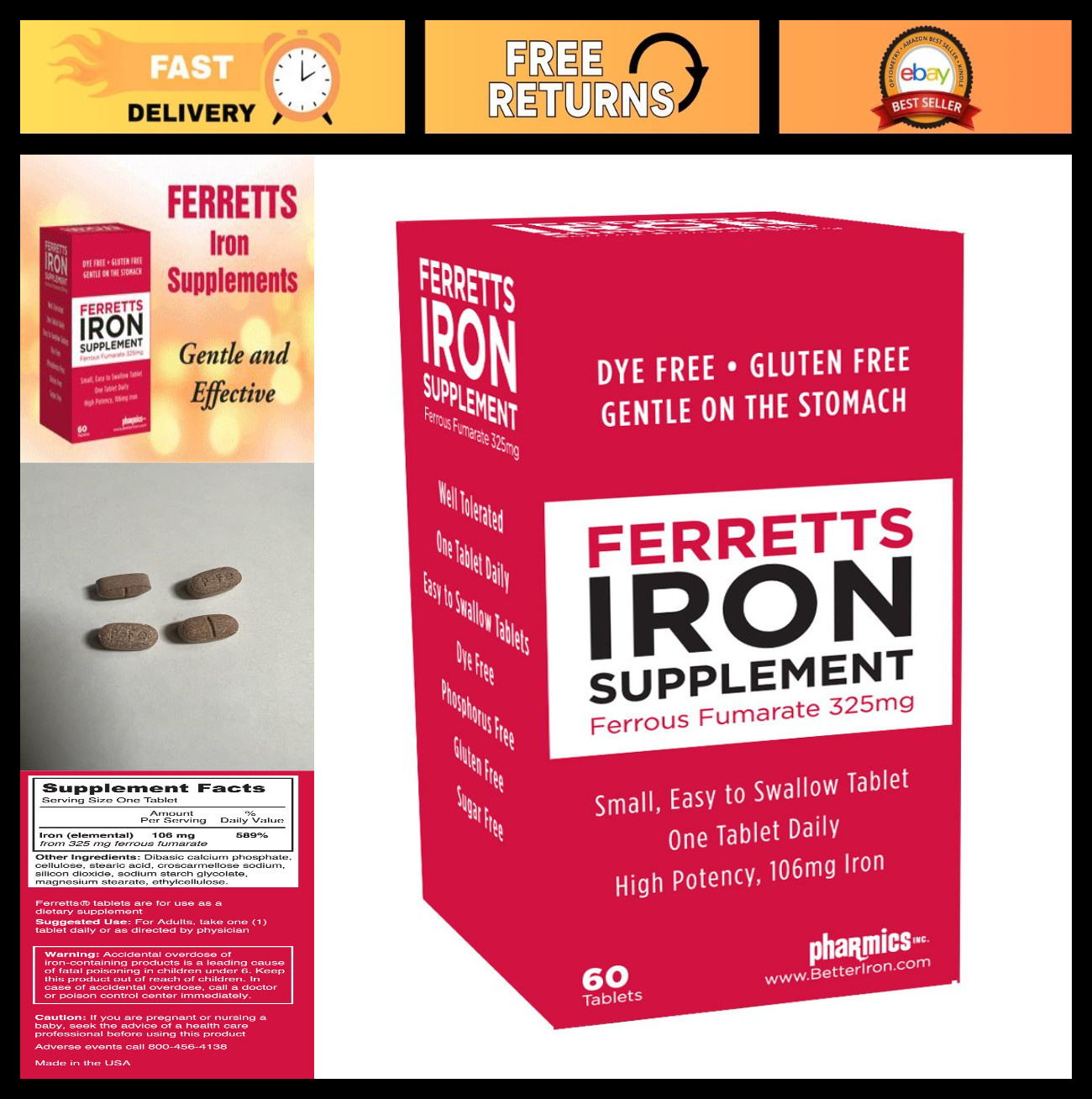 High Potency Iron Tablets 106mg – 60 Day Supply, Easy on Stomach, Anemia Support