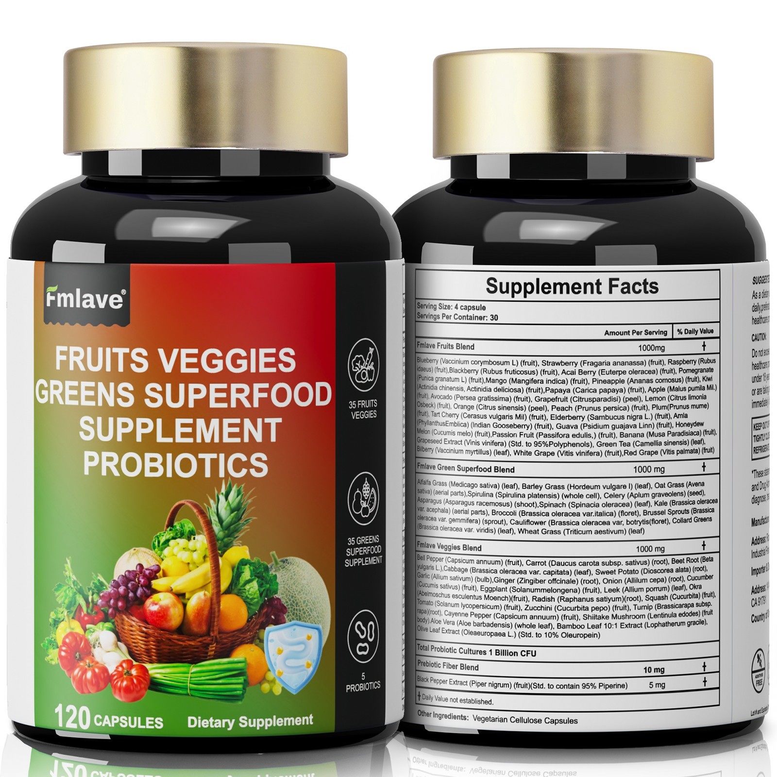 Fruits and Veggies Supplement | 120 Capsules | Non-GMO Vitamin Greens Probiotics