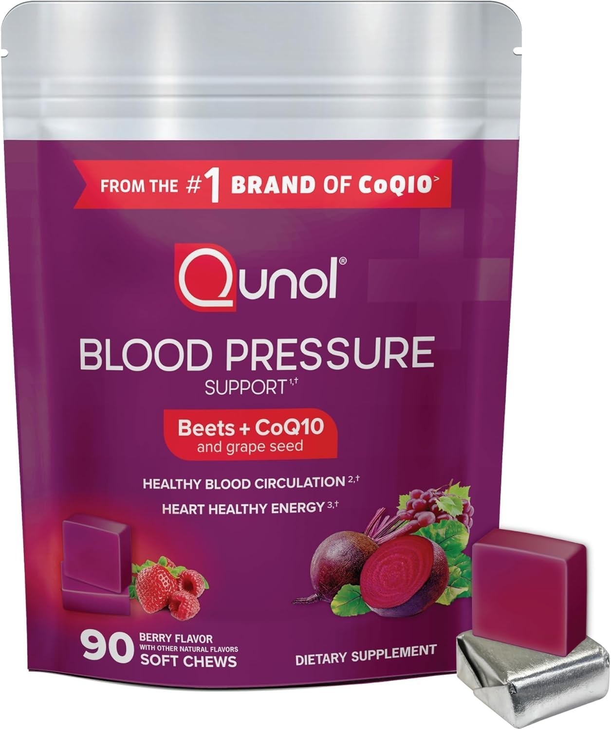 Beet Chews for Blood Pressure Support – 3-in-1 CoQ10 & Grape Seed Extract, 90 Ch