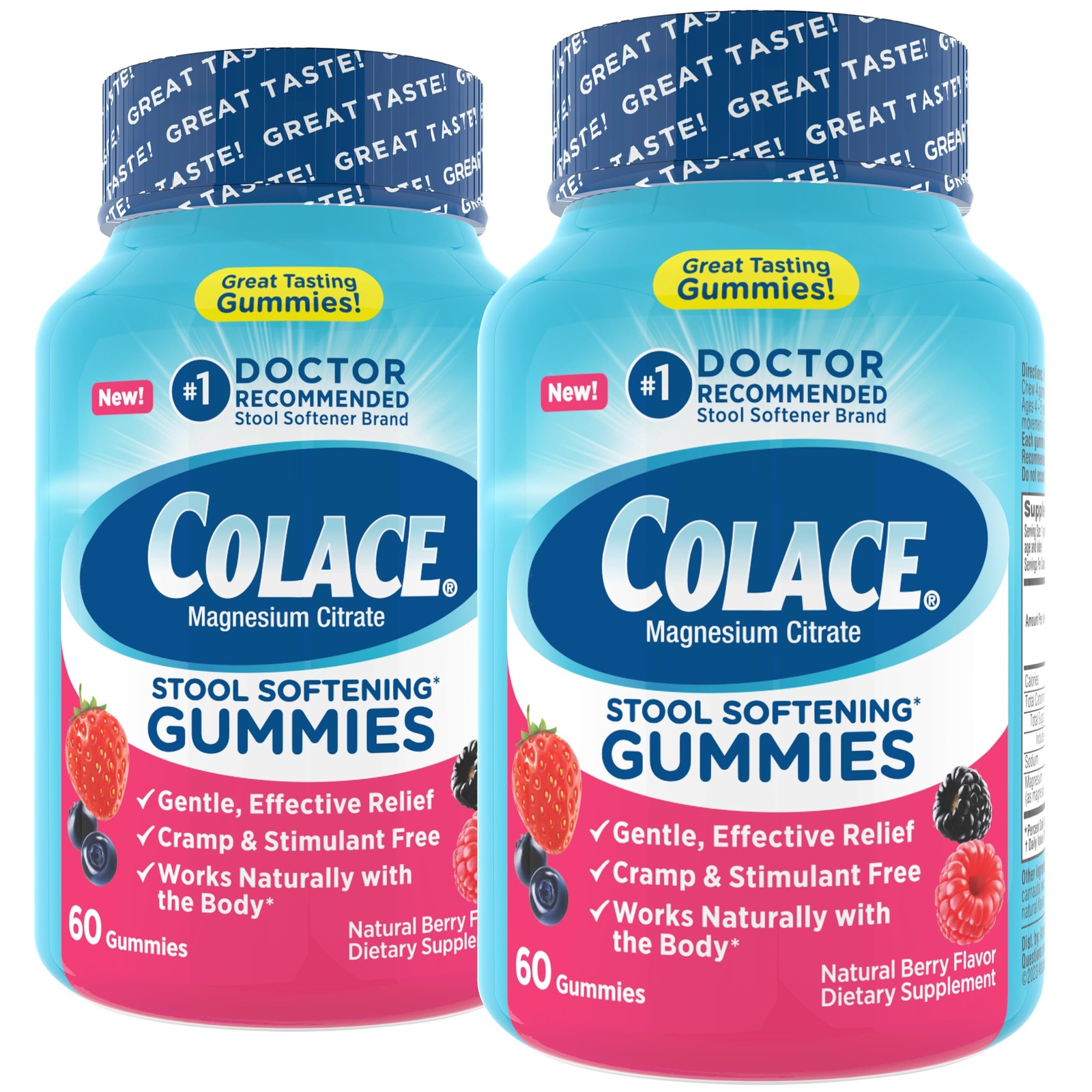 Colace Stool Softener Gummies Berry Flavored 60 Count Pack Of 2 Gentle