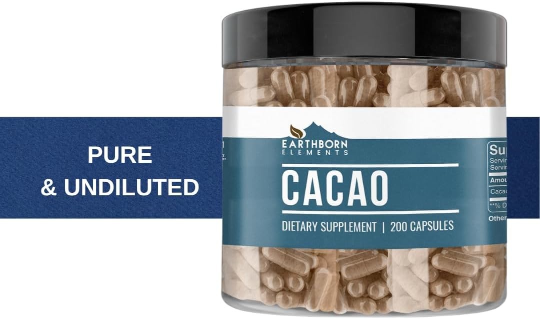 Pure Cacao Capsules – 200 Count Vegetarian Nutritional Supplement, No Additives