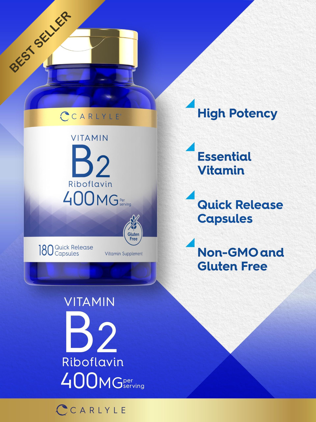 Carlyle Vitamin B-2 400mg 180 Count Non-GMO Gluten Free Riboflavin Supplement