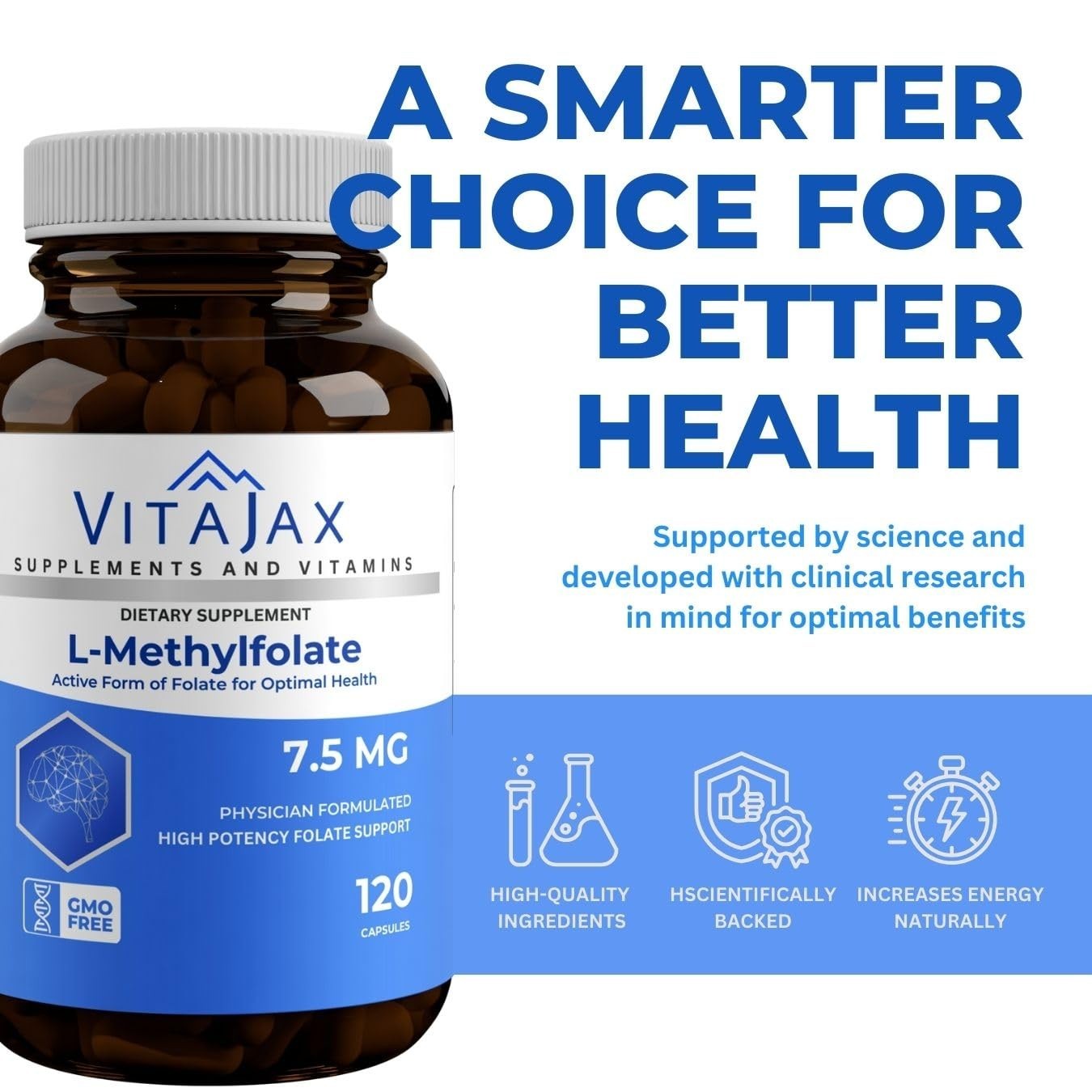 High-Potency L-Methylfolate 7.5mg – 120 Capsules, Active Folate, Gluten-Free, No