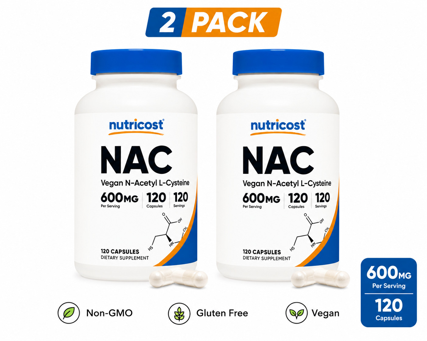 2Pack NAC 600mg Capsule Supplement Pills 120 Total Count, Non-GMO Gluten Free