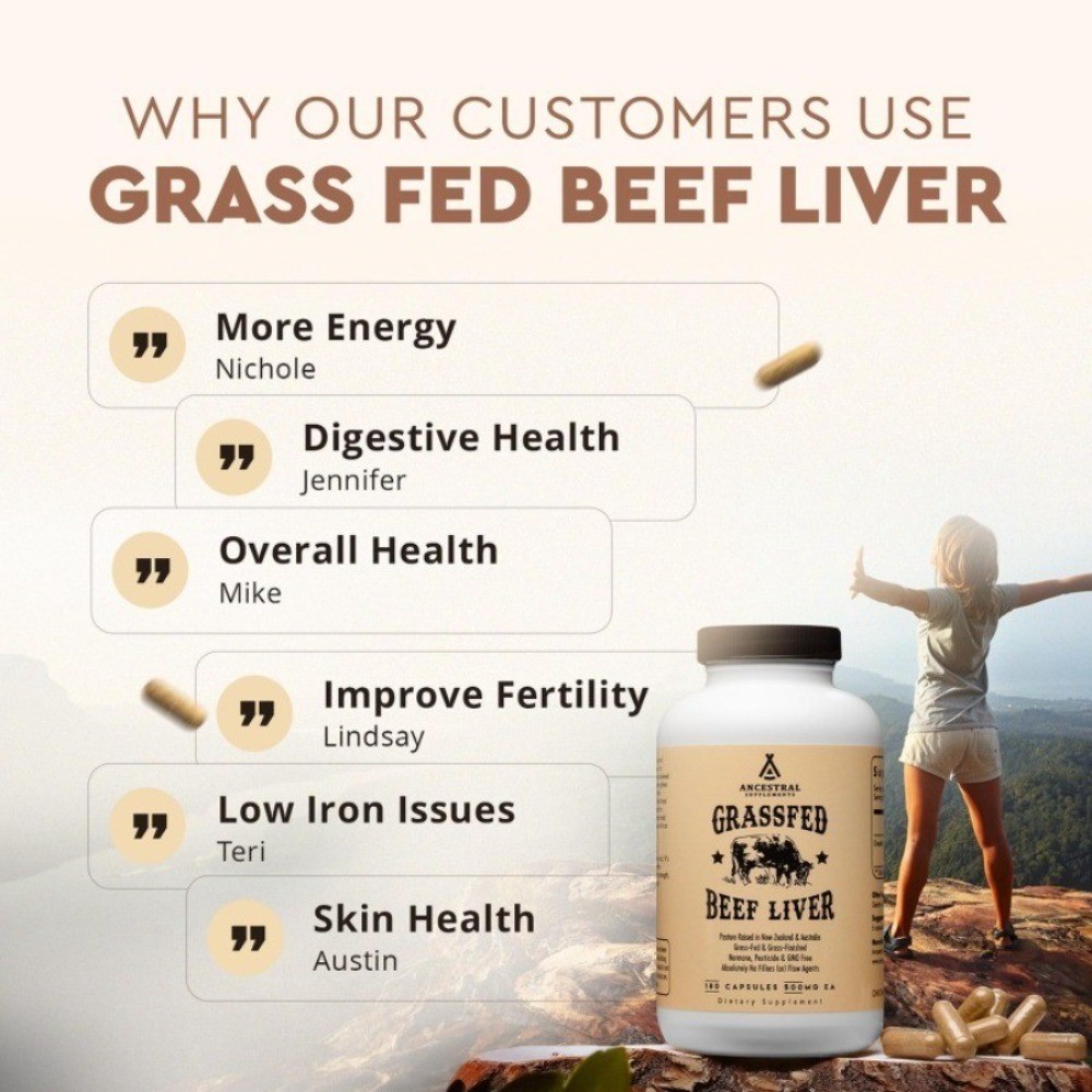 2 Bottles Ancestral Booster Grass-Fed Beef Liver Supplement, 180 Total Capsules