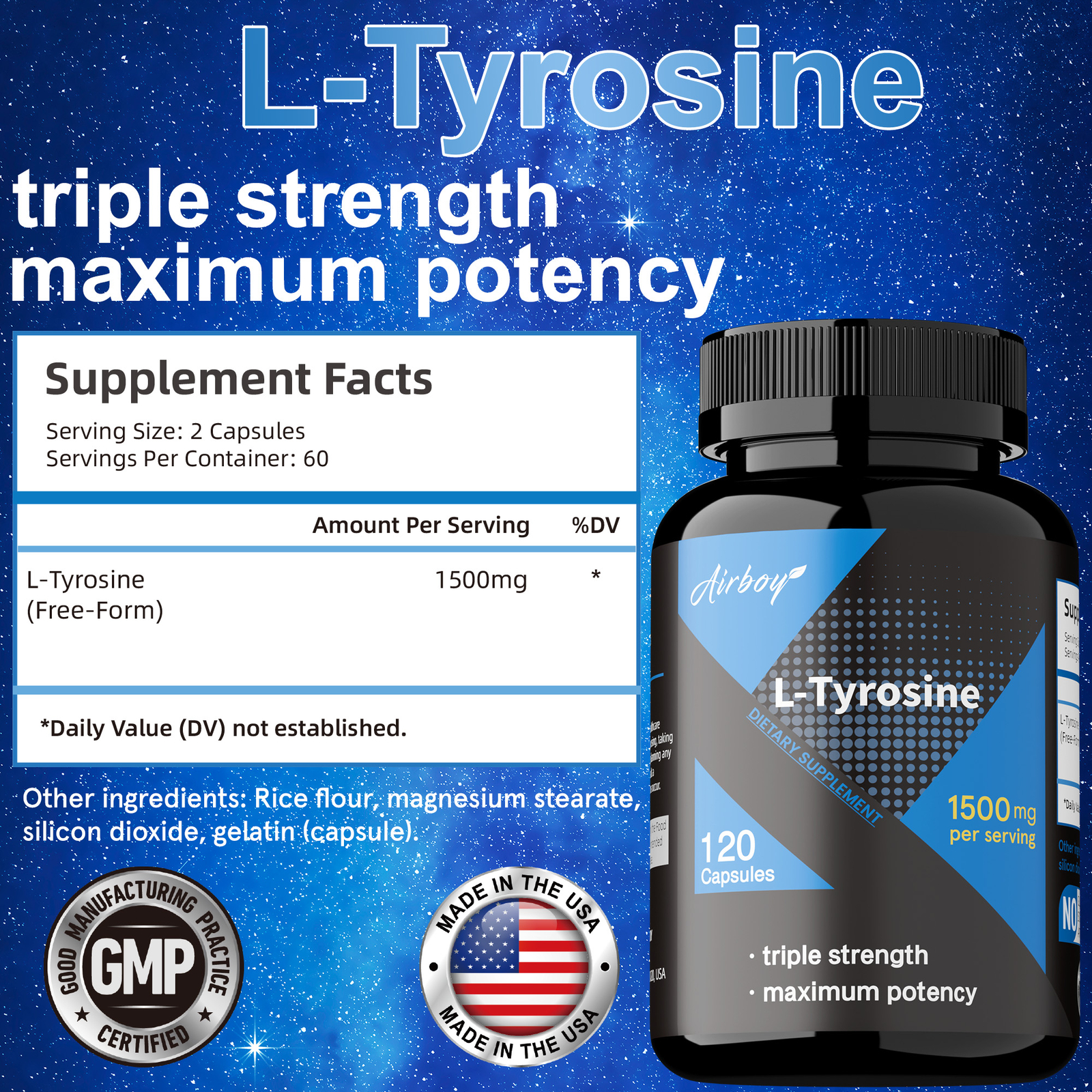 L-Tyrosine 1500mg – Support Synthesis of Brain,Neurotransmitters, Non-GMO