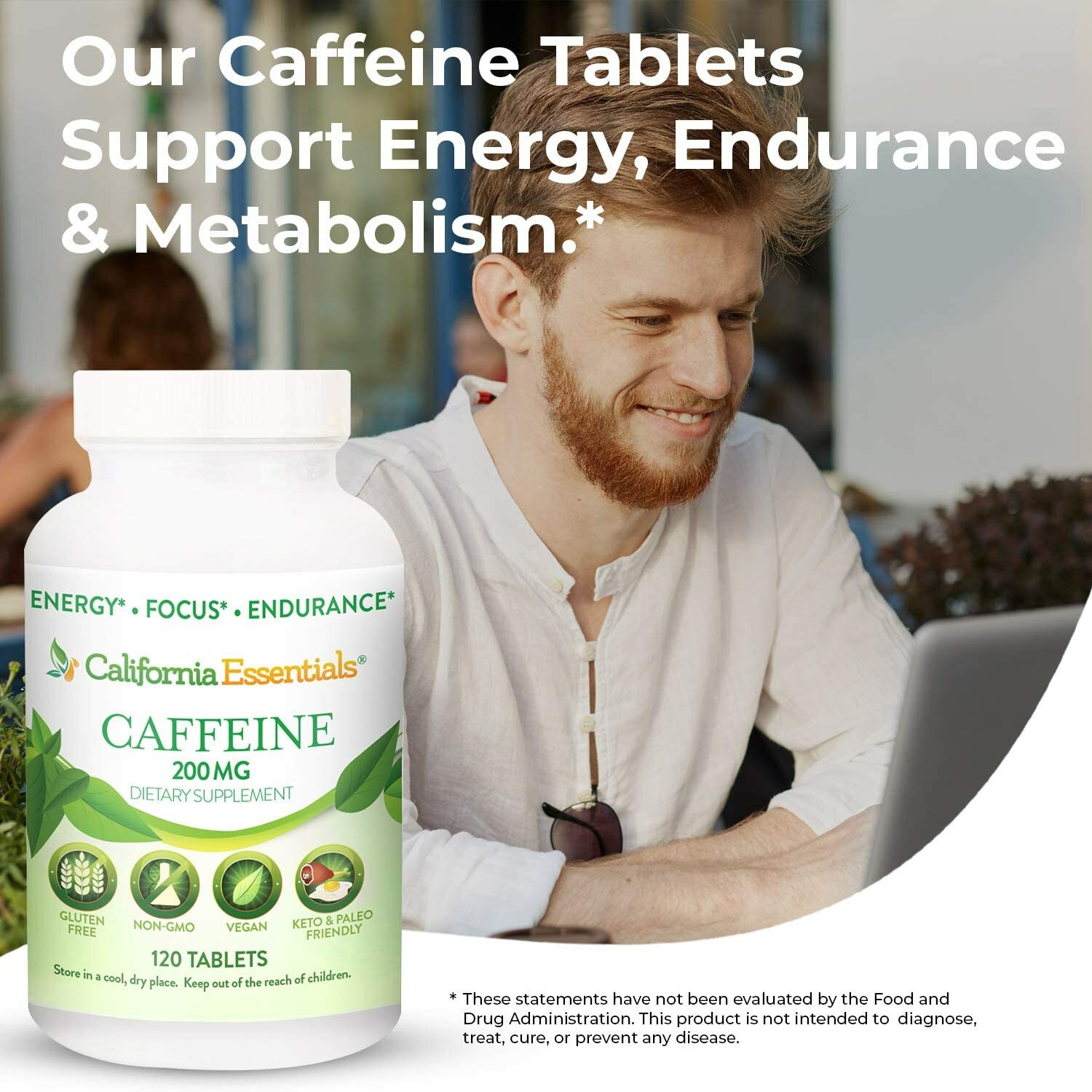 California Essentials Caffeine 200mg Tablets Energy Focus Alertness Supplement