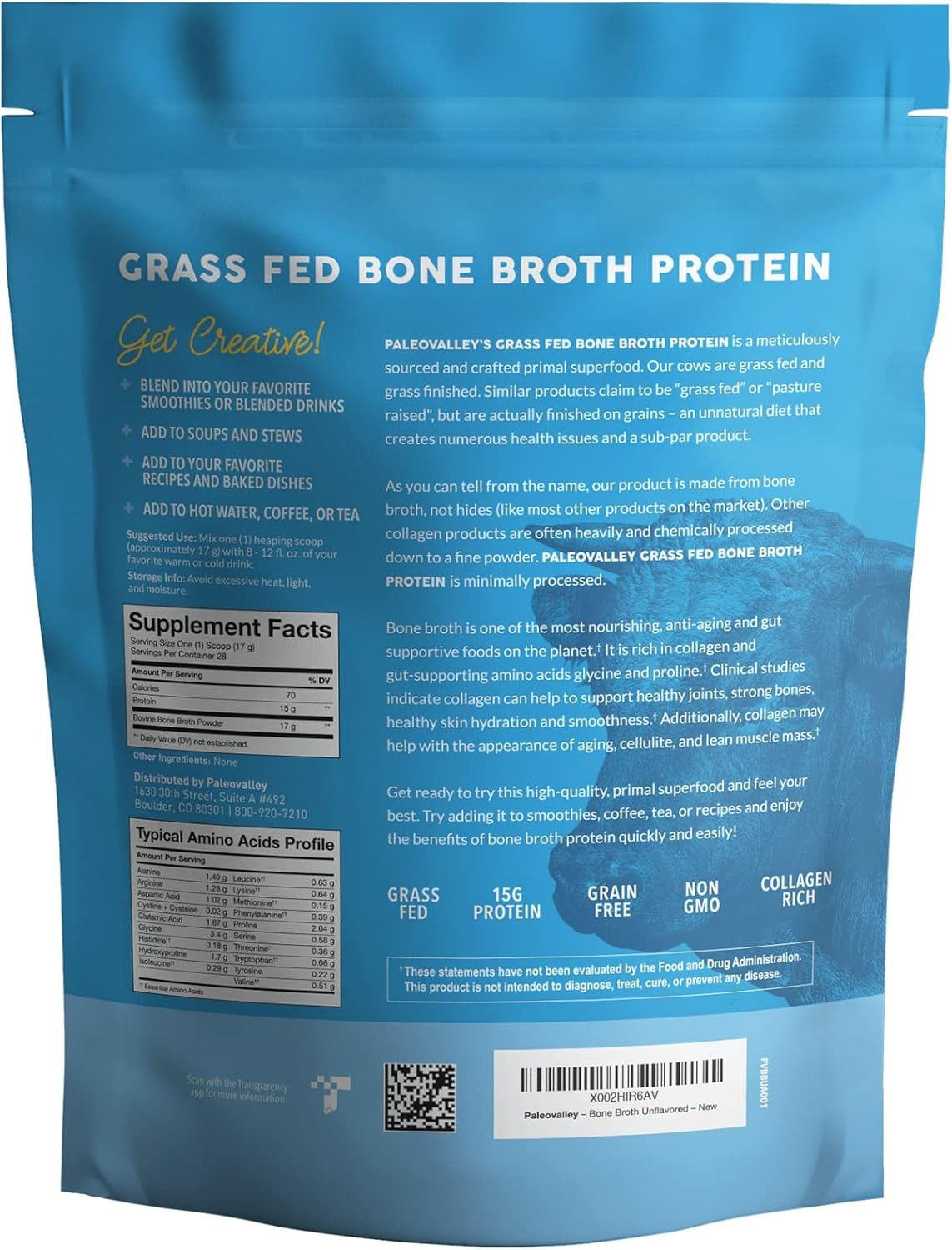 Paleovalley 100% Grass Fed Beef Bone Broth Protein Powder – Rich in Collagen Pep