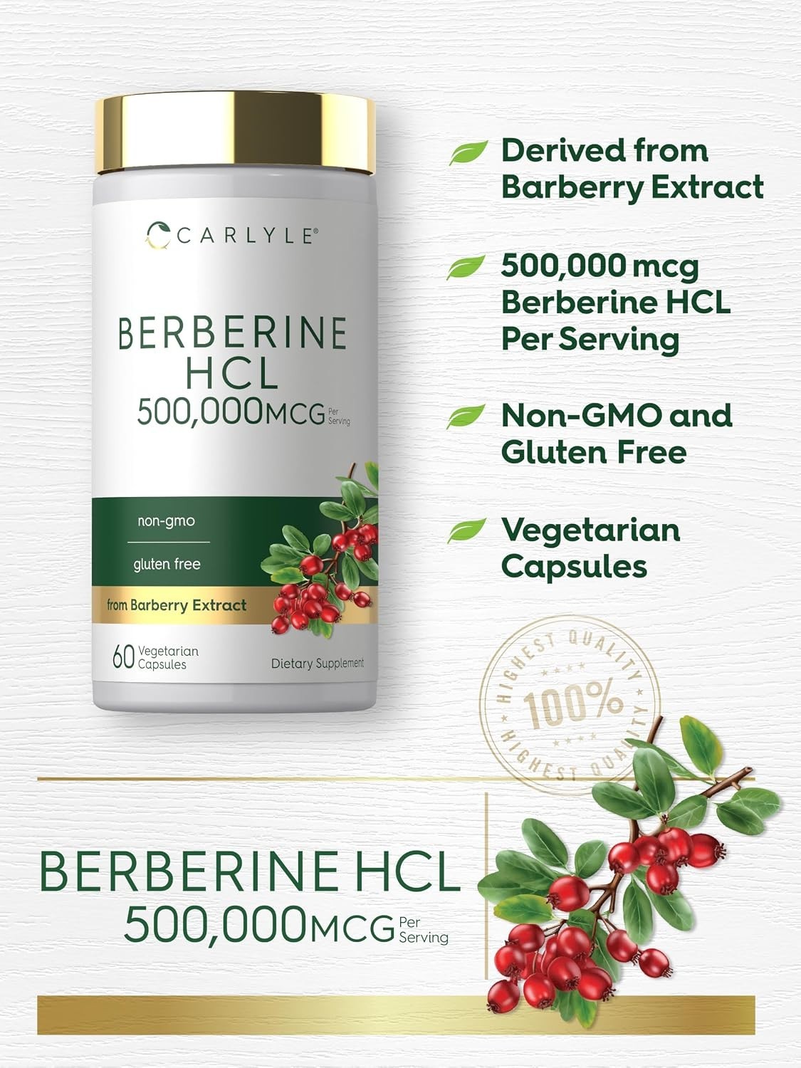 Berberine HCL 500mg Carlyle Herbal Supplement 60 Veg Capsules Non-GMO Gluten Fre