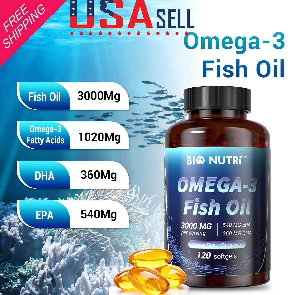 Fish Oil Omega 3 Supplements Fatty Acid Sports Research Liquid 3000mg EPA & DHA