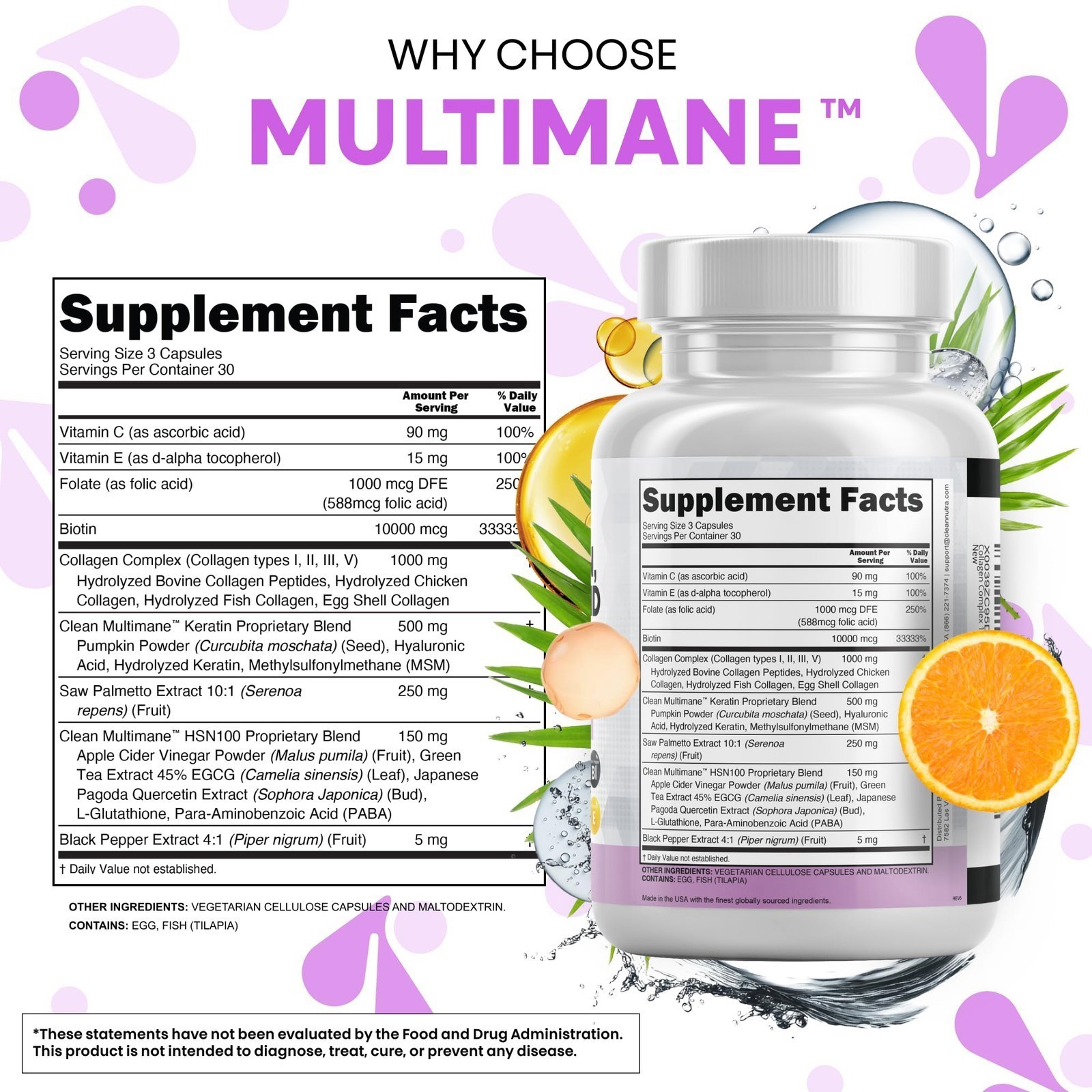 Clean Nutraceuticals Collagen Pills 1000mg Biotin 10000mcg Keratin Vitamins 90Ct