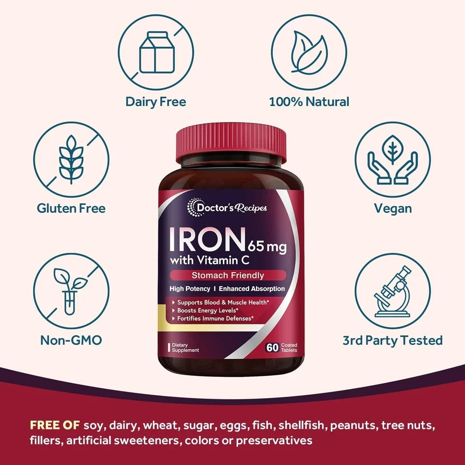 Doctor’s Recipes Iron Supplement 65 mg with Vitamin C – Maximized Absorption …