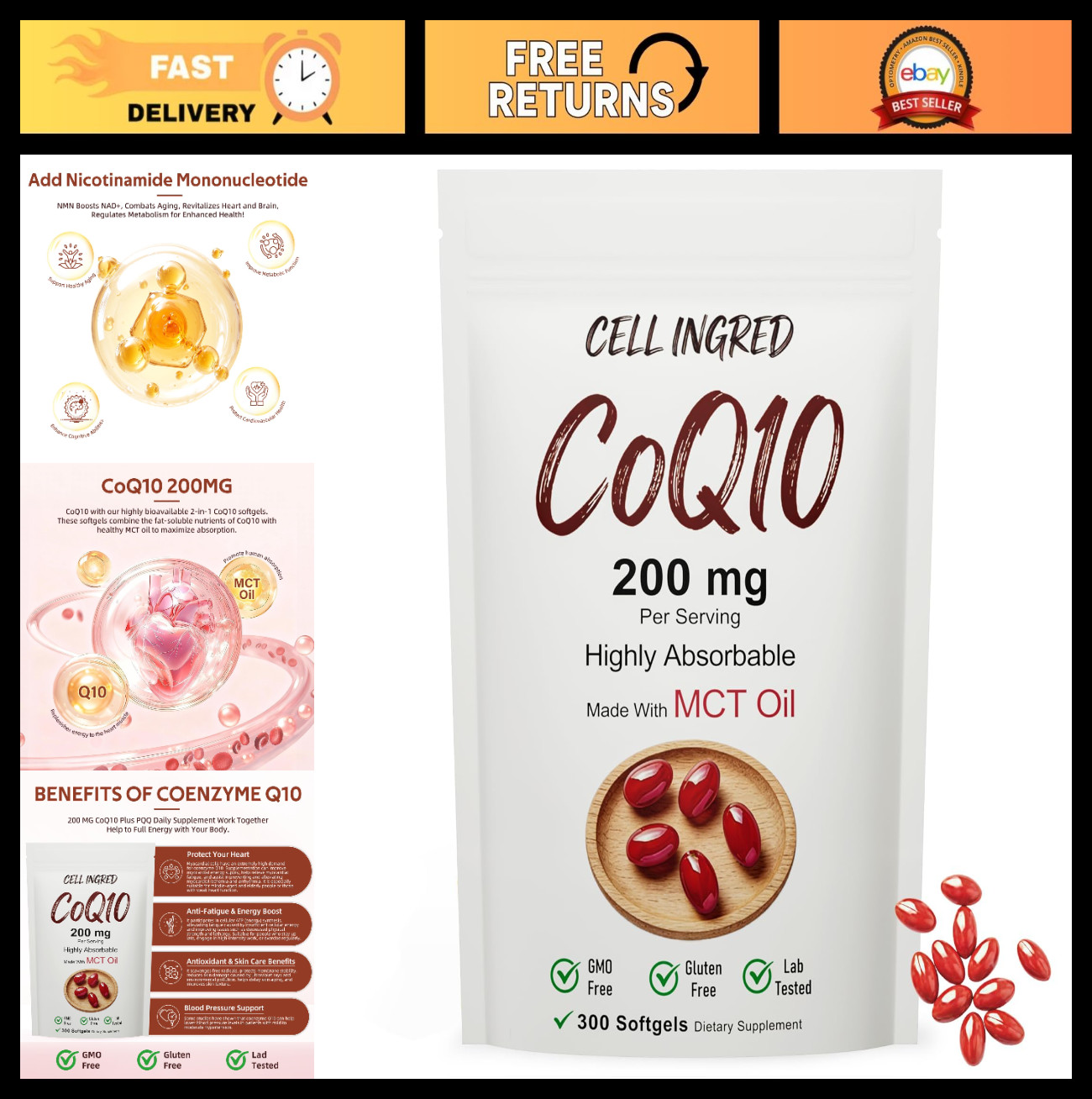 CoQ10 200mg, 300 Softgels with Coconut MCT Oil, Antioxidant Heart & Energy Suppo