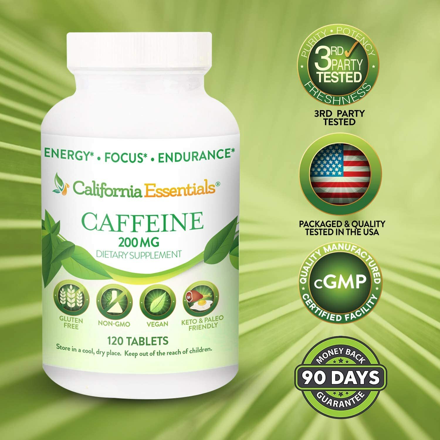 California Essentials Caffeine 200mg Tablets Energy Focus Alertness Supplement