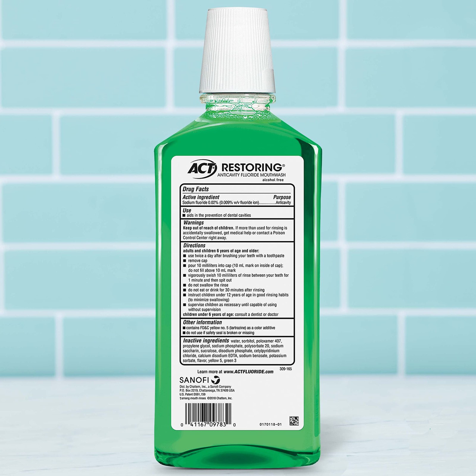 ACT Restoring Zero Alcohol Fluoride Mouthwash 33.8 Fl Oz (Pack of 2), Green